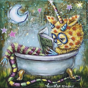 May include: A whimsical painting depicts a yellow, spotted creature with a unicorn horn and glasses relaxing in a bathtub. The creature reads "The Art of Relaxing" while wrapped in a colorful scarf. A crescent moon and stars adorn the background.