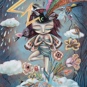 May include: A whimsical illustration of a figure in a meditative pose, surrounded by surreal elements. A rainbow emanates from the figure's head, with stylized clouds, flowers, and fantastical creatures. The color palette includes blues, greens, and vibrant accents.