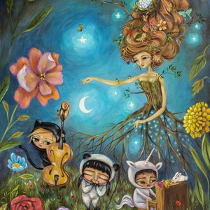 May include: A whimsical painting of a tree woman with a nest in her hair, surrounded by flowers and stars. A black cat plays the cello, a panda plays the piano, and a unicorn plays the piano with a rabbit listening.