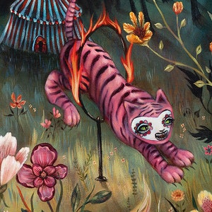 May include: A pink tiger with a white face and green eyes leaps through a flaming hoop. The tiger is in a field of flowers and grass, with a circus tent in the background.