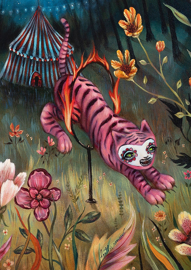 May include: A pink tiger with a white face and green eyes leaps through a flaming hoop. The tiger is in a field of flowers and grass, with a circus tent in the background.