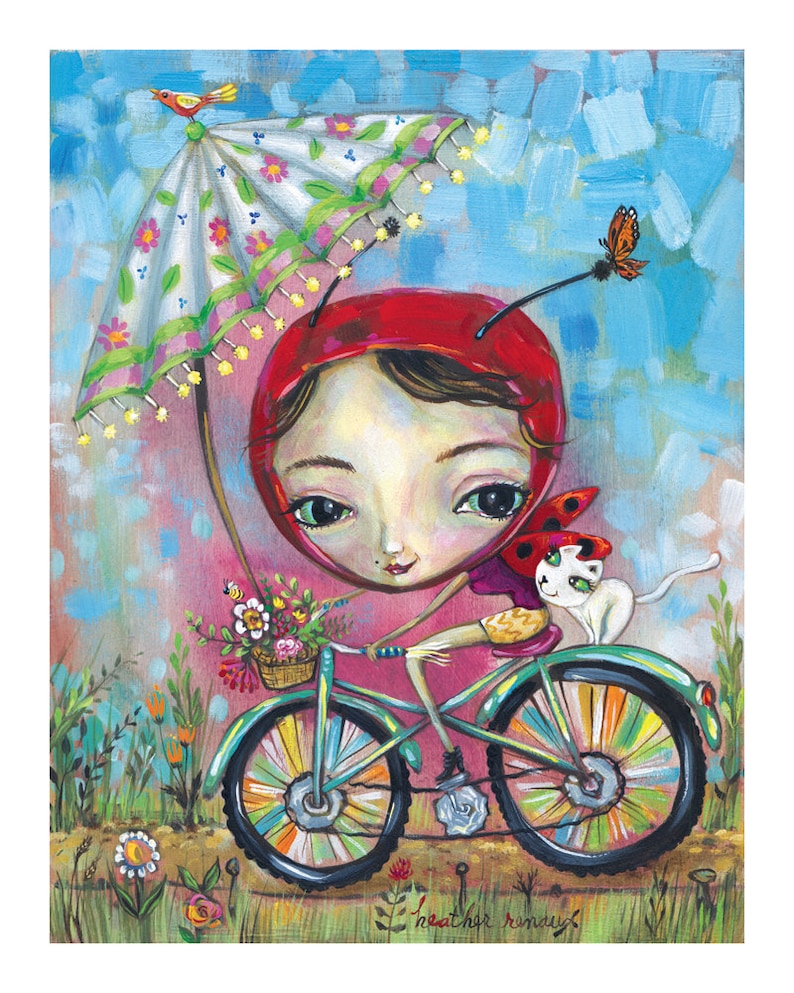 May include: A whimsical painting of a girl with a ladybug costume riding a bicycle with a basket of flowers. She is wearing a red helmet and has a white cat riding on the back of the bike. The background is a pink and blue sky with a white umbrella.