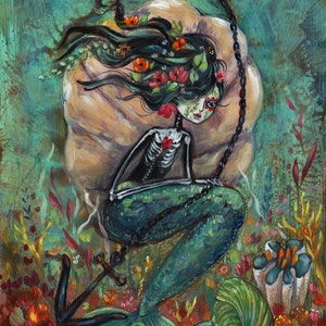 Mermaid, Day of the Dead, Sugar Skull, Anchor, Heart, Sea, Flowers- Pop Surrealism Fine Art Print - by Heather Renaux-unframed