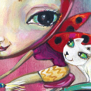 May include: A painting of a girl with large green eyes riding a bicycle with a white cat. The girl is wearing a red and pink dress and a ladybug headband. The cat is sitting on the back of the bicycle.