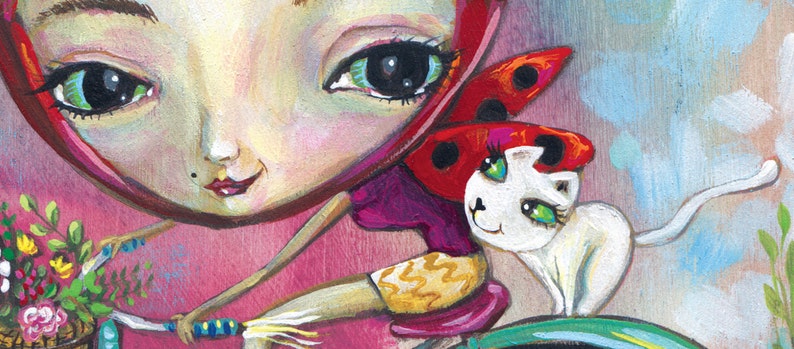 May include: A painting of a girl with large green eyes riding a bicycle with a white cat. The girl is wearing a red and pink dress and a ladybug headband. The cat is sitting on the back of the bicycle.