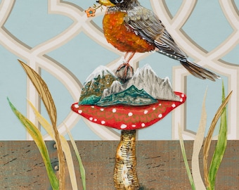 Robin, Bird Art, spring, collage, Animal Art, Bird Lover, Flower Garden, Nursery Art, Kids Decor, Fine Art Print, unframed, Heather Renaux