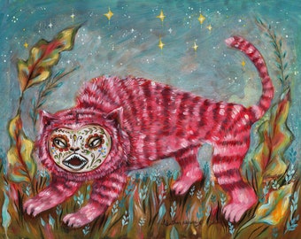 Day of the Dead, Pink Tiger, Sugar Skull, Dia de los Muertos, "1000 Year Old Tiger" Print by Heather Renaux