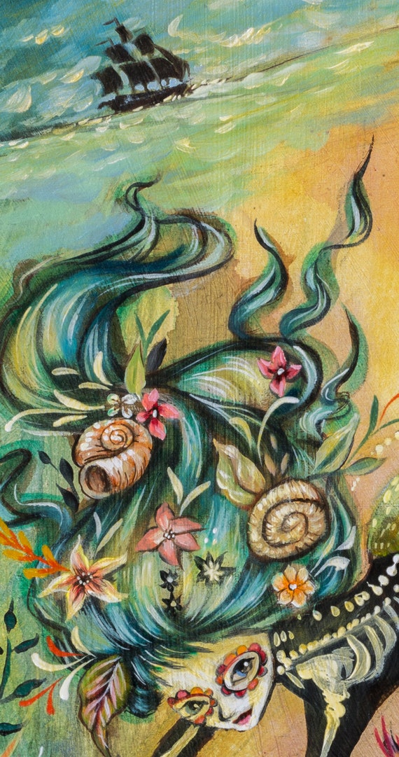 Mermaid, Seahorse, Sea Dragon, Sea Monster, Day of the Dead, Sugar Skull,  Pirate Ship, Sea, Flowers Pop Surrealism 