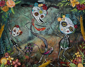 Day of the Dead, Sugar Skulls, Dia de los Muertos, cat, dog, forest dancing - print by Heather Renaux