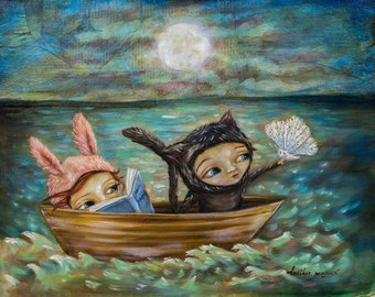 Pink Bunny Rabbit, Black Kitty Cat, Reading Books, White Moth, Row Boat, Ocean, Pop Folk Surrealism Print - by Heather Renaux