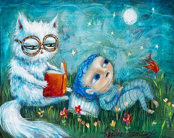 Reading By Moonlight, Cat Art, Kids Wall Art, Cat Lover Gift, Nursery Art, Book Lover Art, Gift for Reader, Book Club Gift