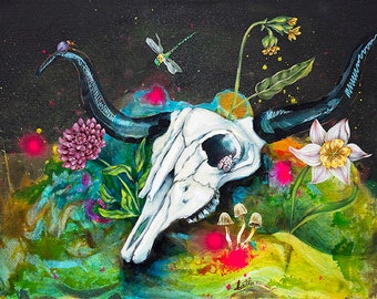 Horned Skull, Bison Skull Print, Fungi, Magic Mushroom art, Insect Art, Nature Art, Mycology, Mushroom Lover, Science Lover, Science Art