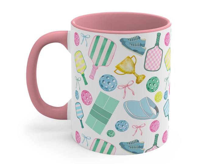 Preppy Pickleball Pattern Accent Mug, 11oz; Pink Pickleball Paddle, Ball, Court, Sneakers; Pickleball Gift; Mothers Day