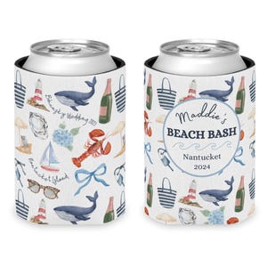 May include: Two white can coolers with a nautical theme. One cooler says "Bhunsky Wedding 2023" and the other says "Maddie's Beach Bash Nantucket 2024". The coolers feature illustrations of whales, lobsters, sailboats, and beach accessories.