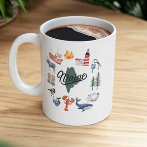 Iconic Maine Ceramic Coffee Mug, (11oz, 15oz); Lighthouse, Lobster, Camp, Bean Boots