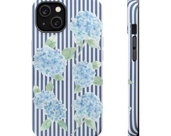 Hydrangea Pattern MagSafe Phone Case; Preppy New England Blue Ticking Stripe