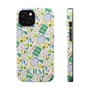 Op maat gemaakt MagTough-telefoonhoesje met tennispatroon met monogram voor iPhone 16 tot en met iPhone 13, variaties