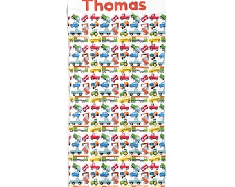 Busy Truck Beach Towel; Kids Construction Truck Towel; Customizable; Personalized Beach Towel