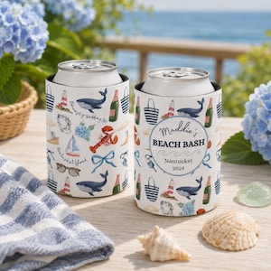 Benutzerdefinierte Küsten Coquette Can Cooler; Preppy New England, Nantucket, Cape Cod, Hamptons, Maine, Bachelorette Brautgeschenk; Schlanke und regelmäßige Dose