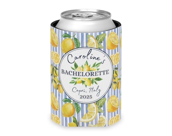 Enfriador de latas personalizado con rayas de limón; lata regular y delgada; recuerdos para despedidas de soltera; Main Squeeze; temática italiana Capri, Italia azul y amarilla