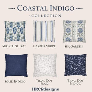 Copricuscini blu e verdi; collezione Coastal Indigo – Copriletto decorativo, ikat, righe, stampa a blocchi, pois, 3 misure (20x20, 18x18, 16x16)