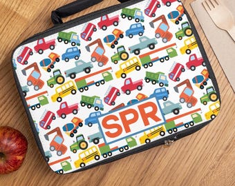 Bolsa de almuerzo personalizada con diseño de camiones ocupados; lonchera para niños; lonchera duradera para niños y niñas; monograma