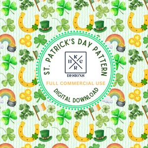 May include: A St. Patrick's Day pattern featuring green shamrocks, gold horseshoes, leprechaun hats, rainbows, and pots of gold. The design includes the text "ST. PATRICK'S DAY PATTERN" and "DIGITAL DOWNLOAD".