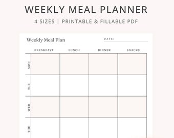 Wöchentlicher Essensplaner Printable | Familienmahlzeit Veranstalter | Frühstück Mittagessen Abendessen Planer | Wochenkarte PDF | Mahlzeit-Tracker | Digitaler Download