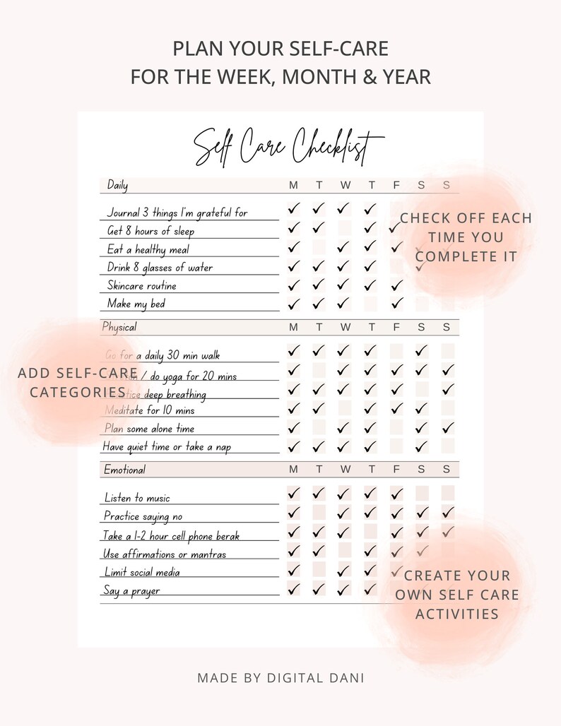 Self Care Checklist Printable | Self Care Tracker | Wellness Planner ...