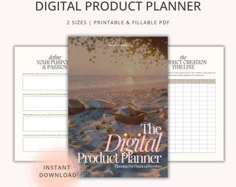 Puede incluir: Un planificador de productos digitales imprimible con un fondo de playa al atardecer. El planificador incluye secciones para definir tu propósito y pasión, crear una línea de tiempo del producto, y más. El texto "The Digital Product Planner" está en una fuente grande y estilizada.