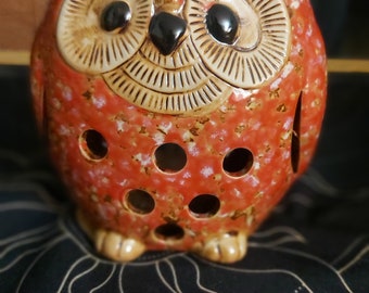Hand Painted Ceramic Red Owl Tealight Candle Holder