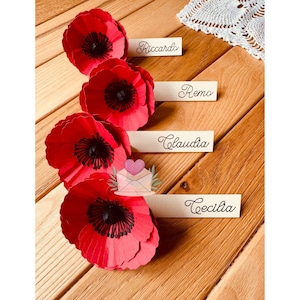 Segnaposto Papavero 3D in Carta – Matrimonio Rustico Elegante – Nome Personalizzato – Fatti a Mano – Set da 5
