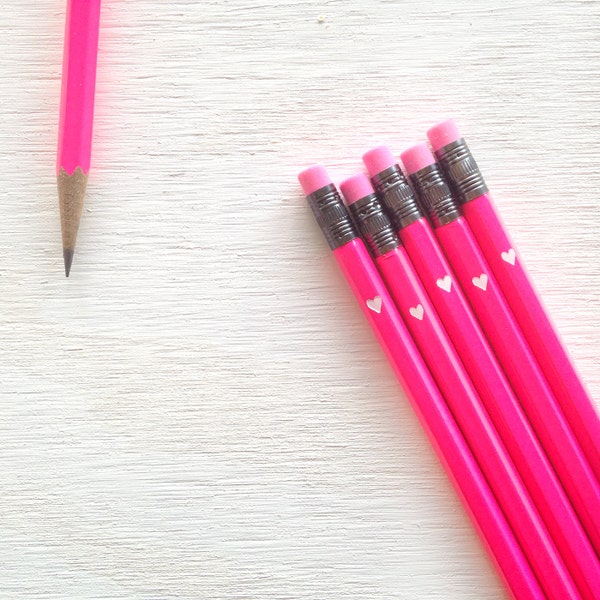 hot pink pencils with white foil heart