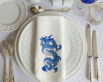 Serviette de table brodée Dragon chinois bleu violet lin / coton 1pcs