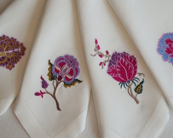 Embroidered napkins Persian/Indian flower linen / cotton set of 4