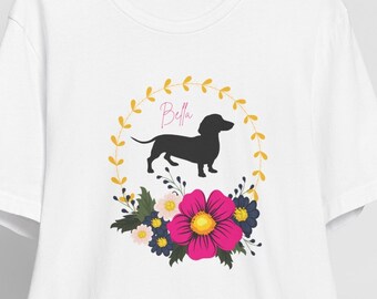 Gepersonaliseerde teckel-T-shirt, gepersonaliseerd hondenshirt met bloemen