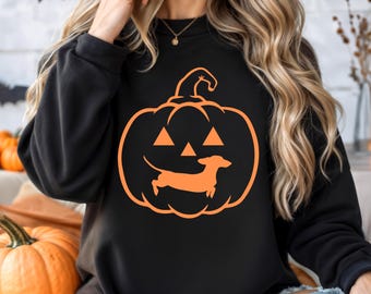 Dachshund Pumpkin Sweatshirt, Halloween Dog Lover Gift, Fall Weenie Dog Jumper, Pumpkin Patch Sweatshirt, Unisex Halloween Sweater, Puppy
