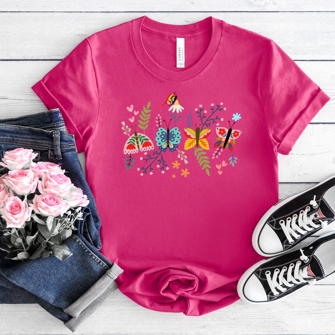 Butterfly Moth and Flower Unisex Tee, Colorful Nature Shirt, Flower T