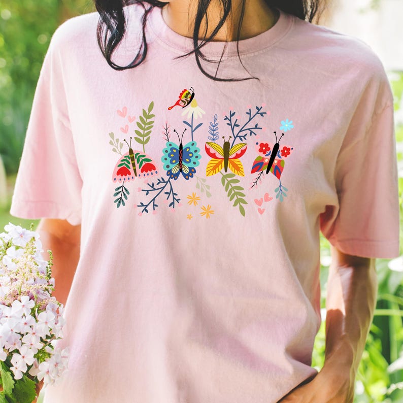 Butterfly Moth and Flower Unisex Tee, Colorful Nature Shirt, Flower T