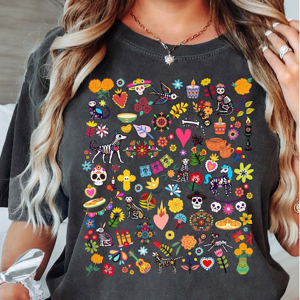 Camiseta del Día de los Muertos, Camiseta de arte mexicano, Camiseta de flores, Día de los Muertos, Camiseta latina, Camiseta de Halloween, Mes de la herencia hispana, Calavera