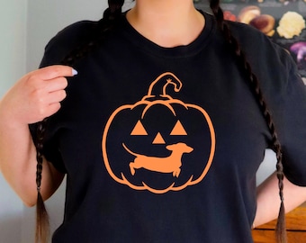 Koszulka z dynią jamnikiem, koszulka jesienna, koszulka na Halloween, koszulka z prezentem dla miłośnika psów, rzeźbienie w dyni, doxie, piesek weenie, zabawna koszulka dla psa