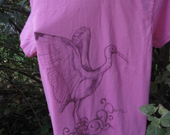 Original Art pink t-shirt of tropical bird /S