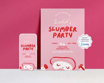 Editable Slumber Party Invitation Set | Sleepover Party Invite | Pajama Party | Canva Template | Birthday Invite | Size: 5x7" | JRP002