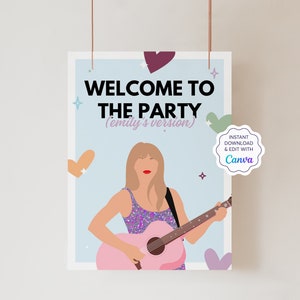 Panneau de bienvenue modifiable pour l&#39;anniversaire de Swift T | de fête d&#39;anniversaire d&#39;époque | Modèle de toile | Décoration d&#39;anniversaire violette | Taille : A2, 18 x 22 po.