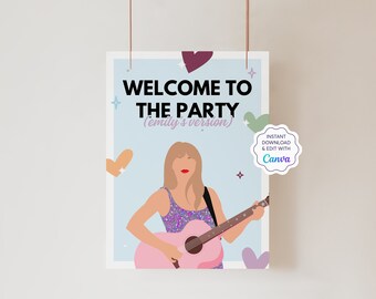 Editable T Swift Birthday Welcome Sign | Eras Birthday Party Poster | Canva Template | Purple Birthday Decor | Size: A2, 18x22"