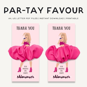 Carta scrunchie stampabile Par-Tay Favor / Tema festa T Swift Eras / Decorazione compleanno rosa / Dimensioni: 3x carte su A4, lettera USA