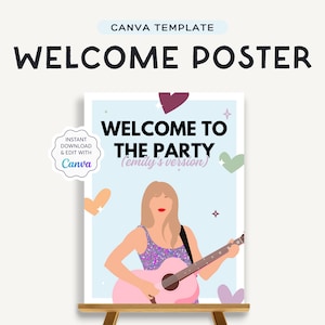 Panneau de bienvenue modifiable pour l&#39;anniversaire de Swift T | Modèle de toile | de fête d&#39;anniversaire d&#39;époque | Décoration d&#39;anniversaire violette | JRP001b