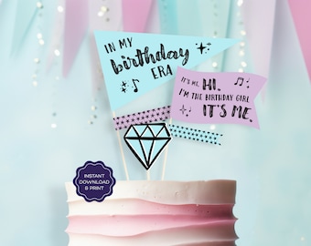 Printable Cake Topper | T Swift Birthday Flag Pennants | Eras Birthday Party Theme | Blue Birthday Decor | Photo Props