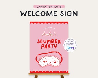 Editable Slumber Party Welcome Sign | Sleepover Party Poster | Pyjama Party Printable Decor | Canva Template | Sizes: 18x24", A3 | JRP002
