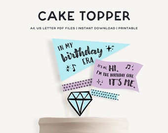 Printable Cake Topper | Birthday Flag Pennants | T Swift Eras Party Decor | Blue Birthday Decor | Photo Props | Printable Decor | JRP001b